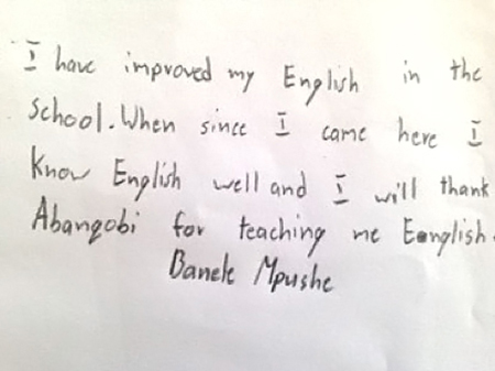 Banele Mpushe, from KwaGuqa, proudly writes his note of appreciation in English